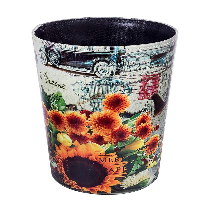 Scakbyer Leather Trash Can, Retro Decorative Waste Basket, 10L Capacity Small Waste Paper Basket, Waterproof Garbage Can for Bathroom, Bedroom, Office, Kitchen and Living Room - Sunflower - Image 1